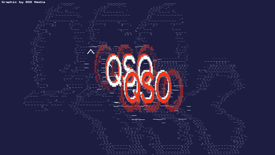 A graphic of the QSO logo in red, navy, and electric blue on a glitched, matrix-style  background. The image is warped.