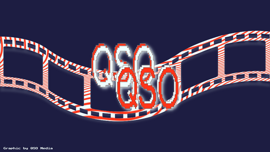 A navy blue image with a curved reel of film going across the background. The film is candy stripe electric blue and red. The QSO logo is in the middle, which is candy red and electric blue 8bit text saying QSO.