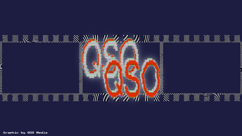 The QSO logo is shown in the foreground, with an effect that looks like old-school TV bars. Behind it, we can see a white reel of film across a blue background. In the bottom-left corner, there is text reading "Graphic by QSO Media".