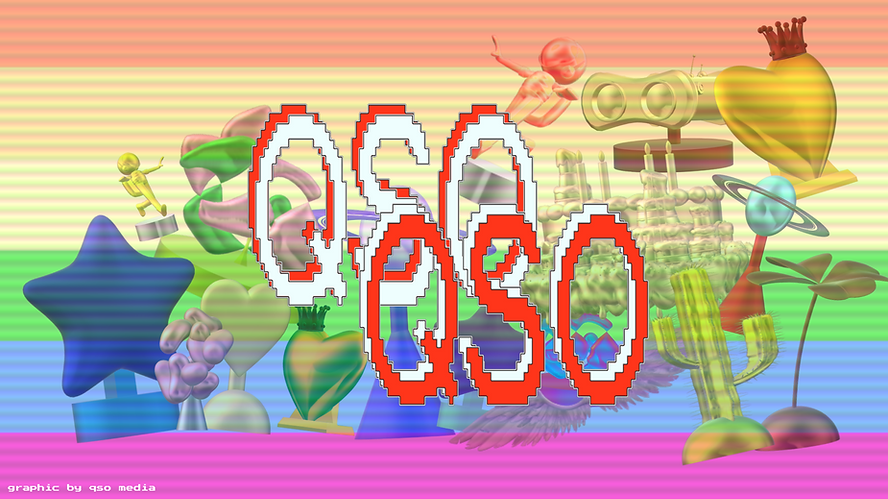 A banner image of a pastel rainbow (ROYGBIV order) with 3D awards on it. The awards are multicoloured and in a wide range of shapes, some abstract, and others representing specific things. The items represented include stars, hearts, crowns, spacemen, binoculars, saturn, a sprouting plant, a cacti, a cake, and angel wings. Some awards are repeated. They range in colour, but all represent shining metal. They are metallic. It says QSO in pixelated font, twice, in the middle of the image, with the QSO logo. The text in the bottom left reads: graphic by qso media.
