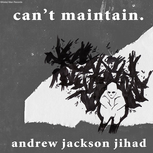 The album art for AJJ's album "Can't Maintain". The album name is at the top and the band name is at the bottom. The image is a black and white drawing of a figure sat down surrounded by a cloud of crows.