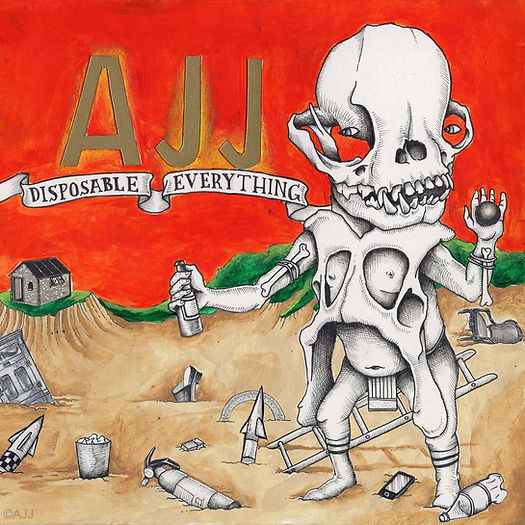 The album cover for AJJ's album "Disposable Everything". It depicts a skeletal figure standing tall on a litter-filled beach in front of a red sky.