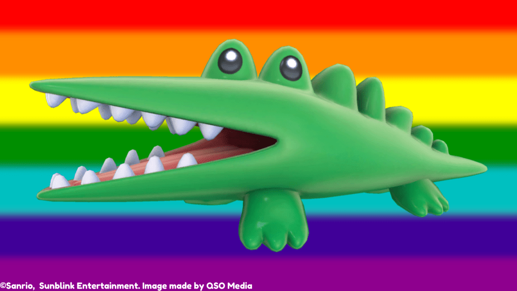A rainbow pride flag background with a CGI Big Challenges on top from Hello Kitty Island Adventure. The text states the character is made by Sanrio, that the asset and game is made by Sunblink Entertainment, and that the image is edited by QSO Media. Big Challenges is a cute cartoon crocodile with his mouth open, spines down his back, and big dark eyes.