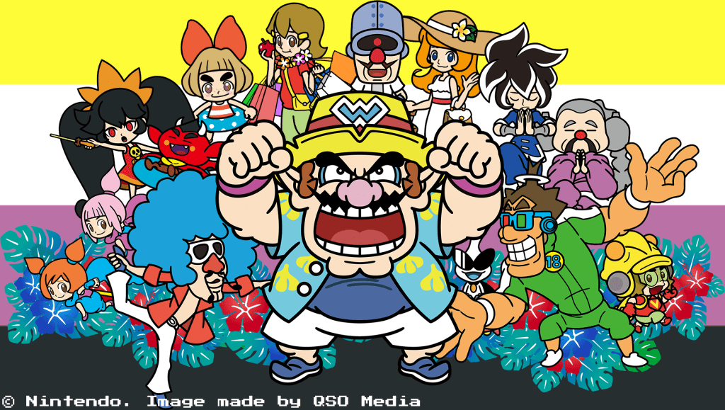 The cast of WarioWare are shown. Wario is front and centre, in an energetic stance. Around him, many WarioWare characters can be seen. Clockwise from the left, we see Jimmy T, Kat & Ana, Ashley & Red, Lulu, 5-Volt, Doctor Crygor, Mona, Young Cricket, Master Mantis, 9-Volt, 18-Volt, and Orbulon. Behind them, some tropical flowers are seen, and behind the flowers, the backdrop is a nonbinary flag. In the bottom left, text reads: © Nintendo. Image made by QSO Media.