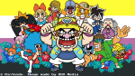 The cast of WarioWare are shown. Wario is front and centre, in an energetic stance. Around him, many WarioWare characters can be seen. Clockwise from the left, we see Jimmy T, Kat & Ana, Ashley & Red, Lulu, 5-Volt, Doctor Crygor, Mona, Young Cricket, Master Mantis, 9-Volt, 18-Volt, and Orbulon. Behind them, some tropical flowers are seen, and behind the flowers, the backdrop is a nonbinary flag. In the bottom left, text reads: © Nintendo. Image made by QSO Media.