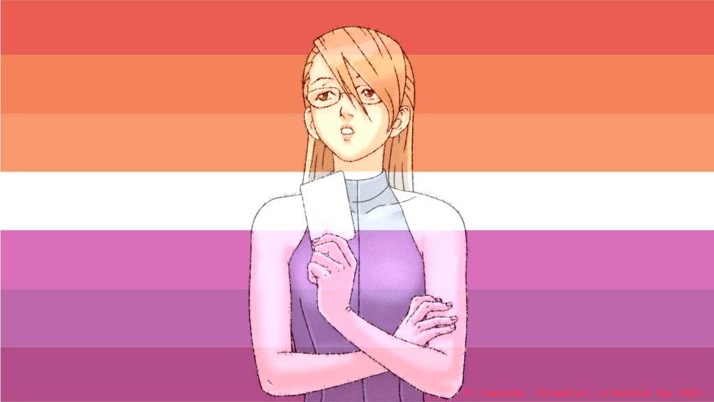 A graphic of Adrian Andrews from Ace Attorney in front of the seven-striped lesbian flag. Adrian is a light skinned blonde woman wearing oval glasses and a blue sleeveless dress. She is looking up and to the left with her mouth slightly open, as if in thought. Her arms are crossed while holding a white card with a pink seashell graphic. She is slightly transparent, giving the impression that she is lesbian-flag coloured.
