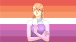 A graphic of Adrian Andrews from Ace Attorney in front of the seven-striped lesbian flag. Adrian is a light skinned blonde woman wearing oval glasses and a blue sleeveless dress. She is looking up and to the left with her mouth slightly open, as if in thought. Her arms are crossed while holding a white card with a pink seashell graphic. She is slightly transparent, giving the impression that she is lesbian-flag coloured.