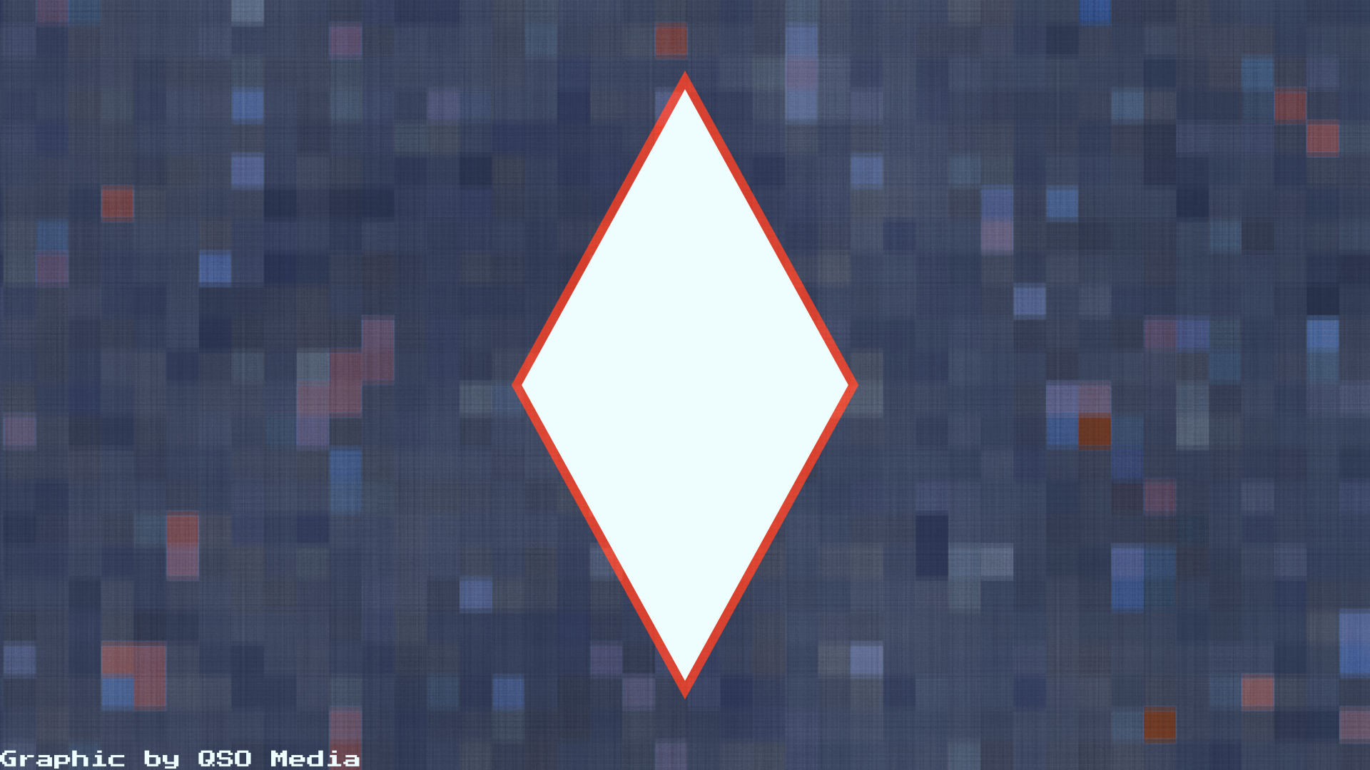 A diamond graphic on a pixel background. The diamond is a white-blue in the centre of the image with a hot coral red frame. The background is pixelated and shades of light blue, orca blue, and coral red. Pixel text in the corner says graphic made by QSO Media.