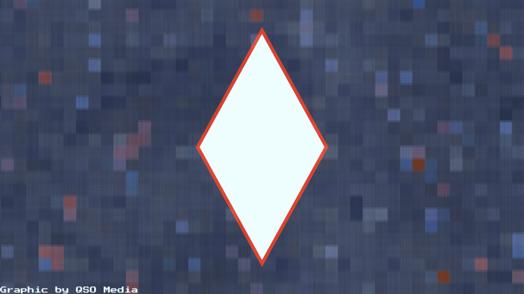 A diamond graphic on a pixel background. The diamond is a white-blue in the centre of the image with a hot coral red frame. The background is pixelated and shades of light blue, orca blue, and coral red. Pixel text in the corner says graphic made by QSO Media.