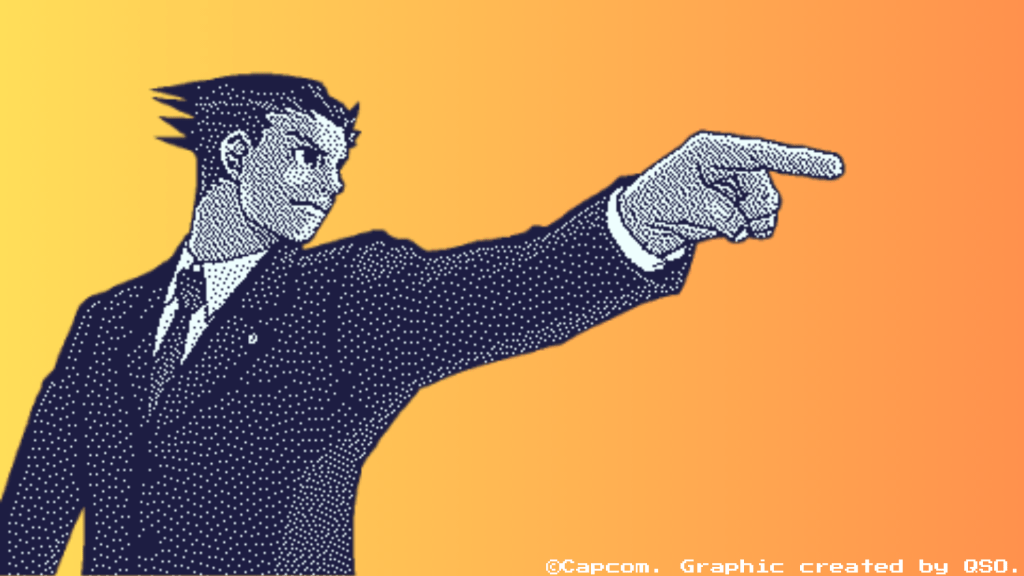 A dithered image of Phoenix Wright in orca blue and seafoam pointing to the right. He's wearing his suit and tie and has pointy hair slicked back. He's on a yellow-orange gradient background. The 8bit text reads copyright Capcom, graphic made by QSO.