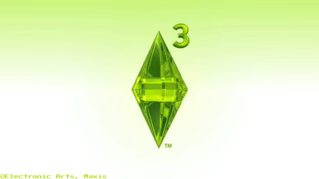 A Sims 3 plumbob looking shiny. It's a large green diamond with a three above it and a trademark underneath. The corner starts copyright Electronic Arts, Maxis.