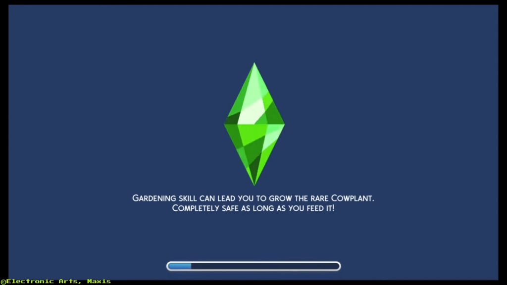 The loading screen from the Sims 4 showing a shiny green plumbob graphic. It's a large shiny green diamond. The text underneath reads: "Gardening skill can lead you to grow the rare cowplant. Completely safe as long as you feed it!"