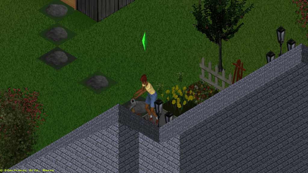 A screencap from The Sims 1 showing Melissa Roomies watering a plant in a big green leafy garden behind her house. A glowing green opaque plumbob - a diamond - sits above her head.