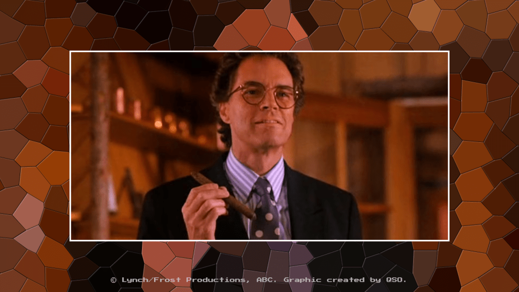 A still from Twin Peaks, showing Benjamin Horne, a white man with short curly dark hair, wearing a striped shirt, a suit jacket, and clear glasses. He holds a cigarette. The background is a mosaic pattern with the same colours as the central image.