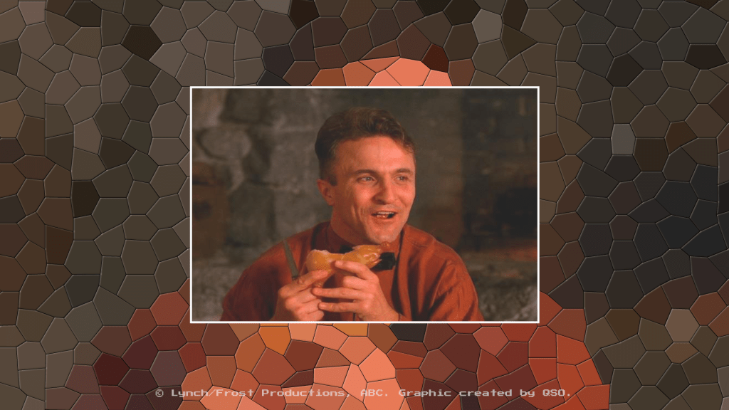 A still from Twin Peaks, showing Jerry Horne, an excited looking white man. He smiles while eating some cheese. The background is a mosaic pattern with the same colours as the central image.