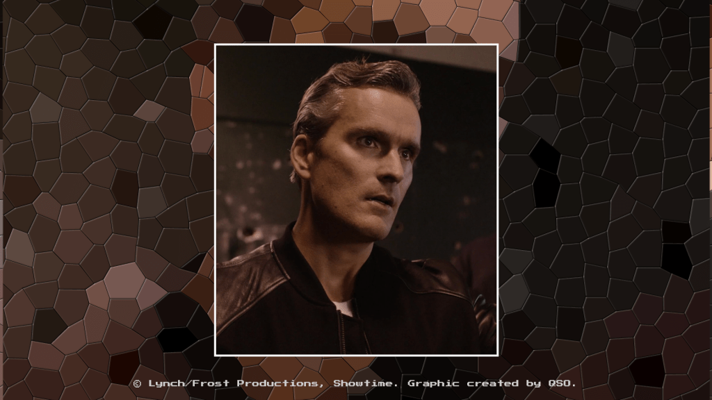 A still from Twin Peaks, showing Red, a white man with short grey hair. He looks toward the right, with a stern expression. The background is a mosaic pattern with the same colours as the central image.
