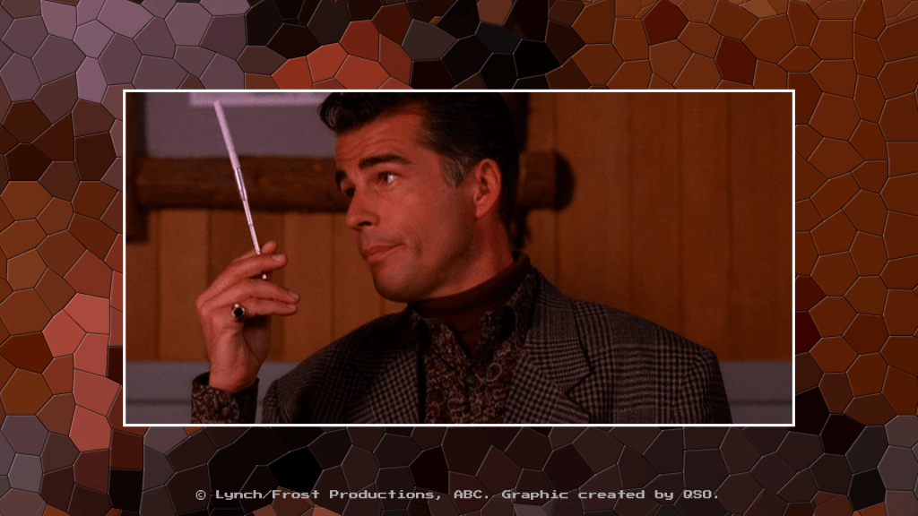 A still from Twin Peaks, showing Dick Tremayne, a white man with a smug smile. He holds a very long cigarette in his hand. The background is a mosaic pattern with the same colours as the central image.