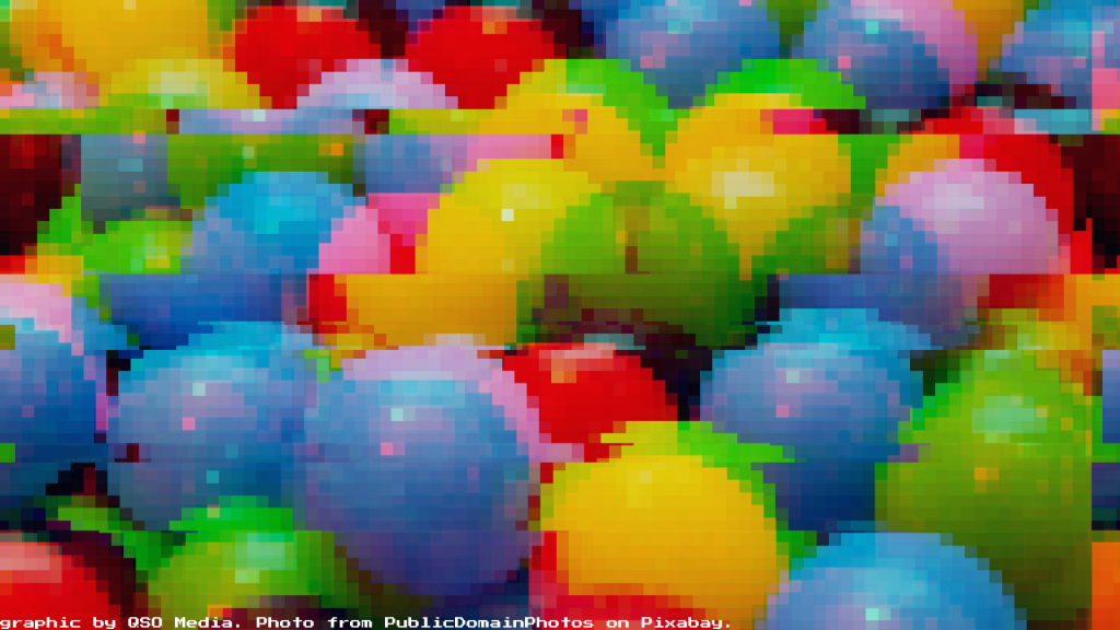 Some pixelatted, glitched-out multicoloured plastic balls in a ball pit.