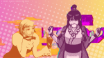 Franciska Von Karma and Maya Fey as two dithered sprites, Franciska being orange and Maya being purple. They're alking to each other on a half-tone background which is shades of pink and orange-yellow-peach. Franciska is wearing her usual uniform and is leaning on her hand while pointing in a lazy and condescending manner. Maya has her mouth open and is looking shocked with her hands out.