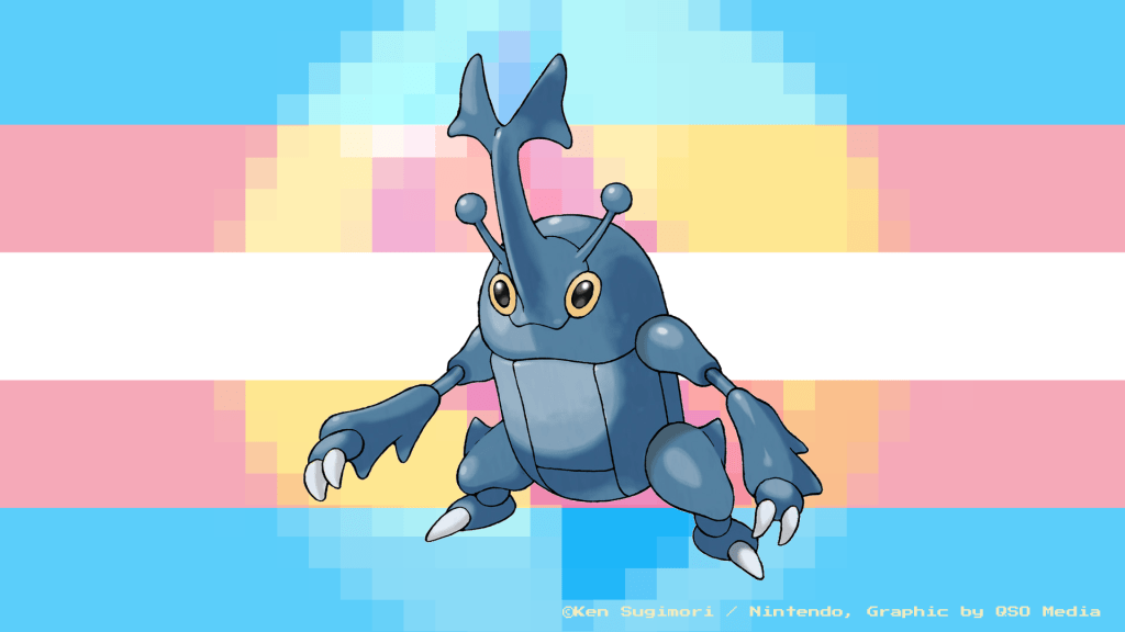 An image of Heracross, a bipedal stag beetle Pokémon, in front of a trans flag. Behind the Heracross, a pixelated shadow of the Heracronite is shown. In yellow text in the bottom-right, text reads: "Copyright Ken Sugimori / Nintendo, Graphic by QSO Media".