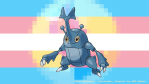 An image of Heracross, a bipedal stag beetle Pokémon, in front of a trans flag. Behind the Heracross, a pixelated shadow of the Heracronite is shown. In yellow text in the bottom-right, text reads: "Copyright Ken Sugimori / Nintendo, Graphic by QSO Media".