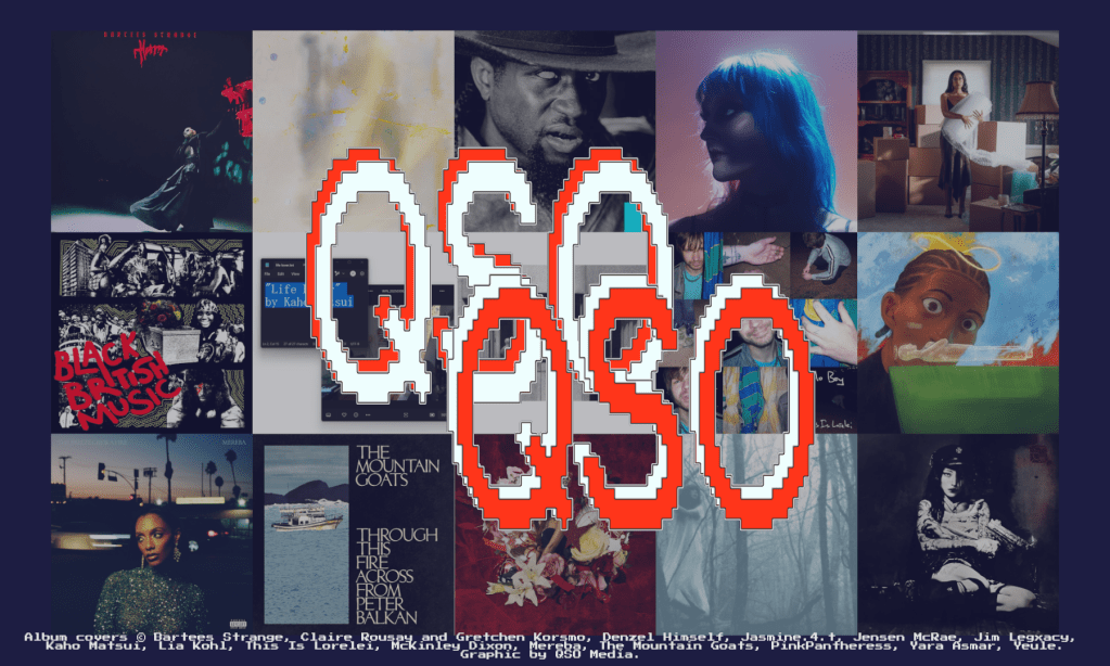 A 5x3 grid of album covers, showing the fifteen albums featured by QSO Media in this article. In front of the albums, the QSO logo is shown: two pixelated text strings reading "QSO" in white and red. The albums, from left to right, are: Bartees Strange - Horror, Claire Rousay and Gretchen Korsmo - Quilted Lament, Denzel Himself - Violator, Jasmine.4.t - You are the Morning, Jensen McRae - I Don't Know How But They Found Me!, Jim Legxacy - Black British Music (2025), Kaho Matsui - Life Lover, Lia Kohl - Various Small Whistles and a Song, This Is Lorelei - Holo Boy, McKinley Dixon - Magic Alive!, Mereba - The Breeze Grew a Fire, The Mountain Goats - Through this Fire Across from Peter Balkan, PinkPantheress - Fancy That, Yara Asmar - everyone I love is sleeping and I love them so so much, and Yeule - Evangelic Girl is a Gun. There is a dark blue background, and at the bottom of the image, some text credits the artists.