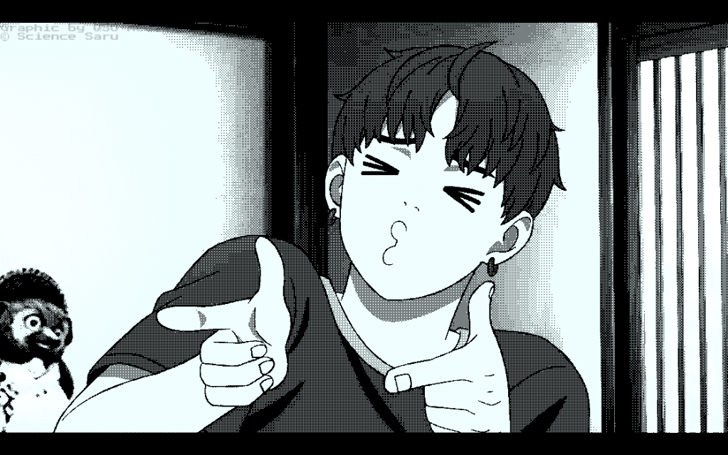 An image of Jiji, a young man from the show Dandadan. He is pulling a puckered lips face while doing finger guns. In the background, you can see a Tanuki statue.