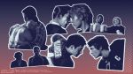 A collage showing images of the lead couples from Baby, 10Dance, A Nice Indian Boy, Pillion, and Heated Rivalry in a dithered/half-tone style in dark blue and light blue. They're on a half-tone red to blue gradient backdrop.