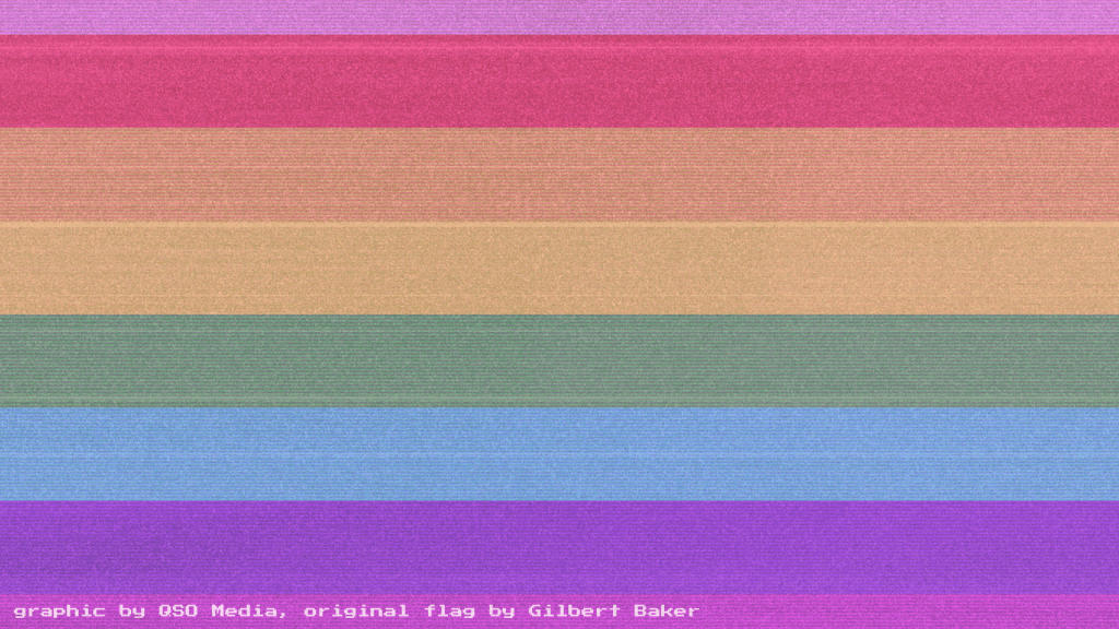 The Gilbert Baker pride flag shown through distorted, bright, TV-like colours and bars.