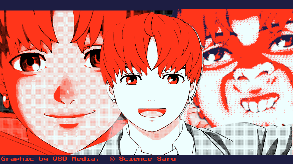 A graphic containing three pictures of Jiji from Dandadan. Jiji is a young man with red hair. In the central image, he is smiling widely. In the left image, he has a gentle smile. In the right one, he's pulling a goofy face, showing his teeth, and doing finger guns. The image has a red and blue tint.