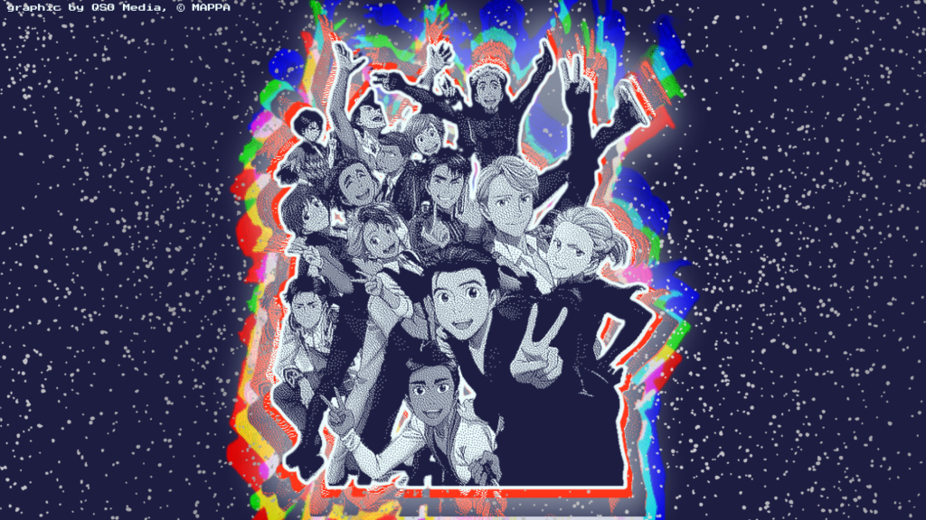 The cast of Yuri on Ice, including Yuri K, Yuri P, and Victor, dithered in shades of blue on a rainbow explosion surrounded by snow.