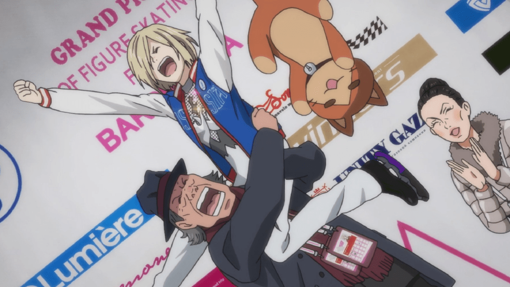 Yuri P being held up by his grandfather at a figure skating competition with his coach in Yuri on Ice. They all look really happy.