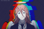 Angel Devil from Chainsaw Man, dithered on a glitchy rainbow background. He has long red hair, a suit, a gold halo, and large white angel wings.
