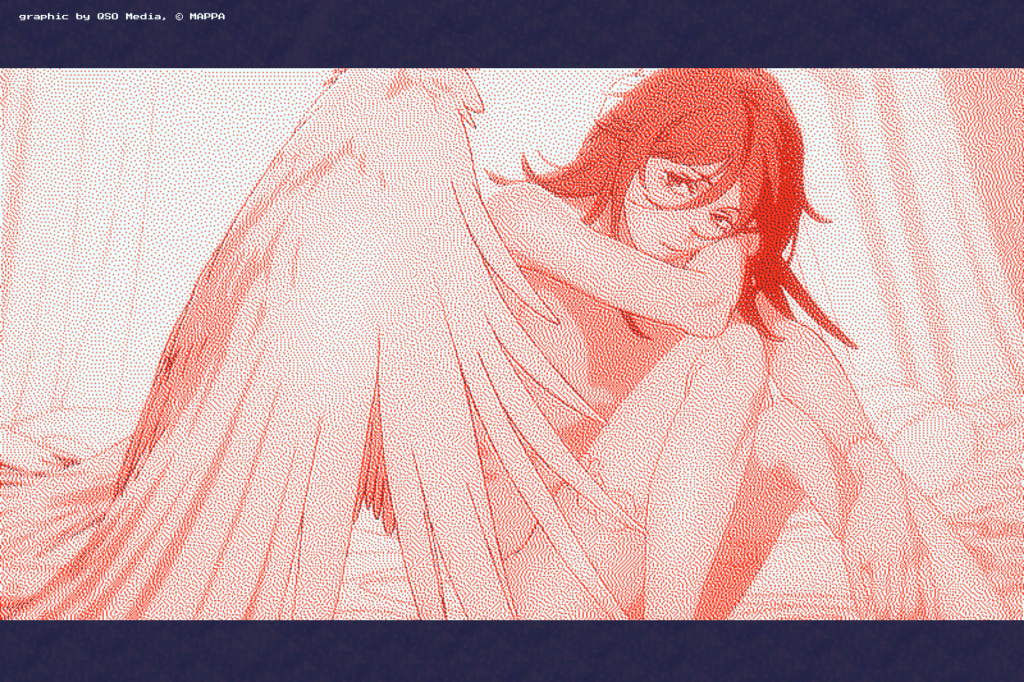 Angel Devil from Chainsaw Man: Reze Arc dithered in red and white in lingerie.