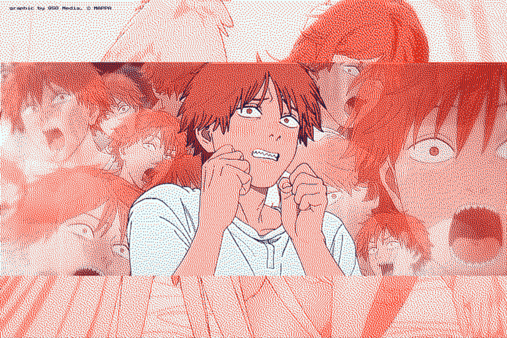 Denji looking shocked on a dithered collage over an image of Angel Devil