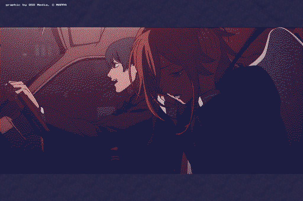 Aki and Angel in a car in Chainsaw Man: Reze Arc; Aki is driving while Angel covers his ears.