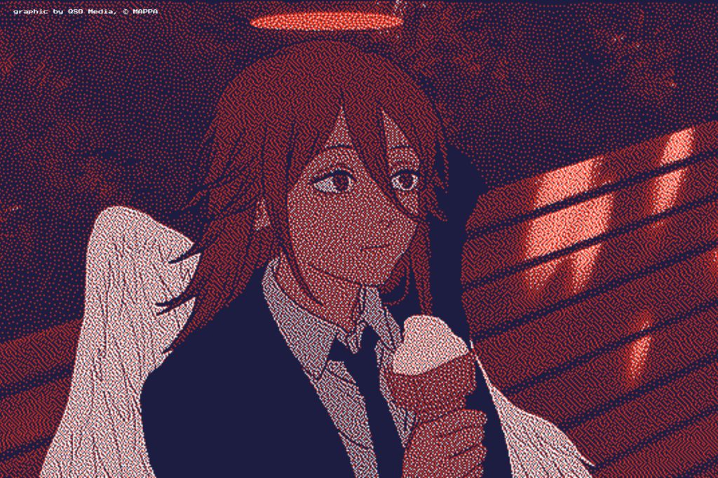 Angel Devil from Chainsaw Man dithered in red eating ice cream on a bench