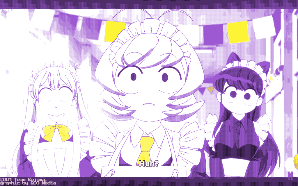 A screenshot from Komi Can't Communicate tinted with the colours of the nonbinary flag. It shows Tadano, Najimi, and Komi stood in a row wearing maid outfits. Najimi is saying "Huh?" and looks confused.