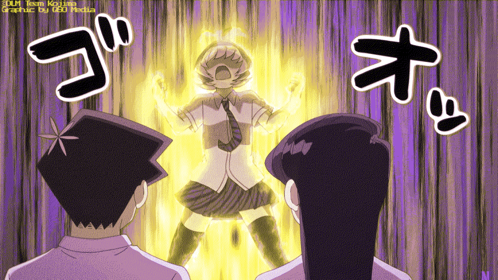 A screenshot from Komi Can't Communicate tinted purple and yellow. It shows Tadano and Komi watching as Najimi is literally burning up with rage.
