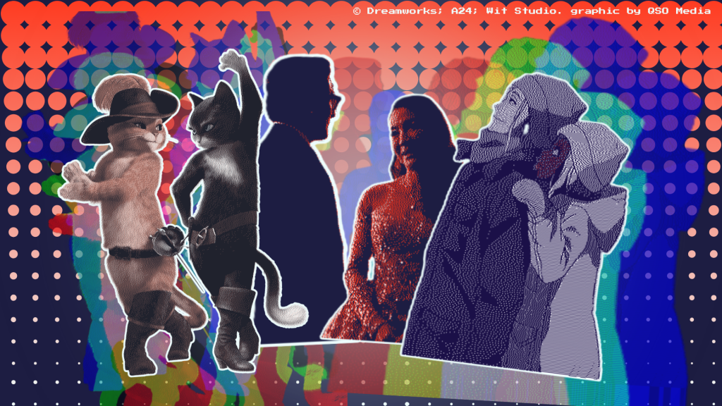 Puss in Boots, Kitty Softpaw, Evelyn Wang, Waymond Wang, Laurent Thierry, and Dorothy or Li Siang-Siang all together on a glitched, red and blue collage.