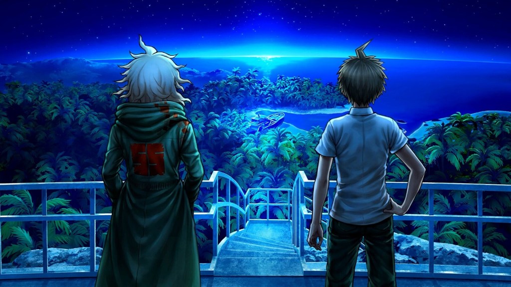 Komaeda Nagito and Hinata Hajime looking out at a comet over Jabberwock Island on a blue night.