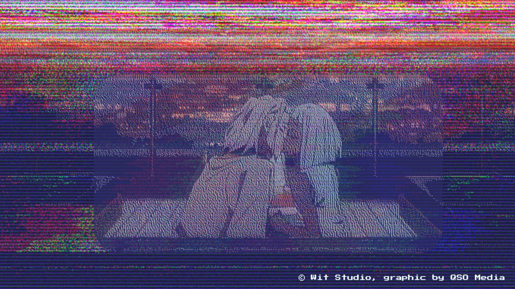 Dorothy or Li Siang-siang and Laurent Thierry from Great Pretender sharing a kiss on a rooftop underneath a distorted red and blue skyline.