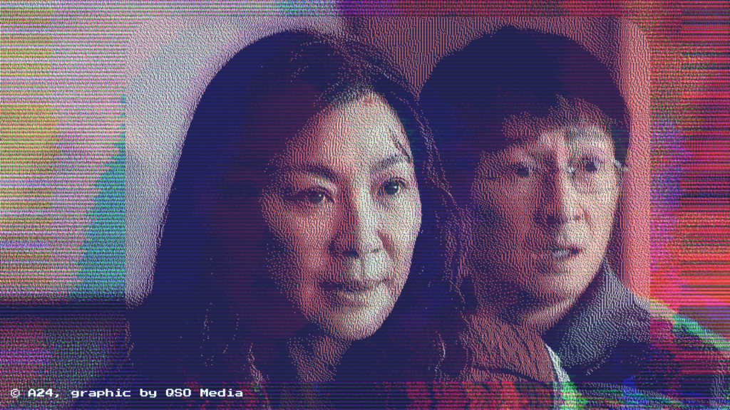 Evelyn Quan Wang and Waymond Wang in Everything Everywhere All At Once looking shocked together, with Waymond slightly behind Evelyn. The image is warped and rainbow coloured with large scanlines going up and down on it.
