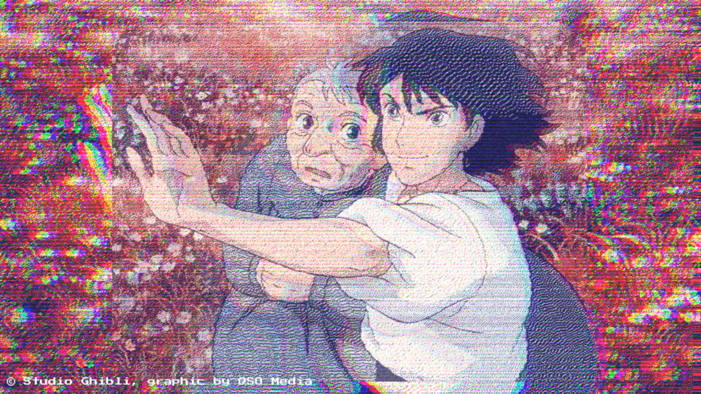 Wizard Howl Jenkins Pendragon and Sophie Hatter stood in a field together; Howl with his hand up and Sophie looking at Howl. It's from the Studio Ghibli Howl's Moving Castle animated film. The image is glitched and warped, with the flower field behind them looking red. Sophie is al old woman and Howl has black hair.