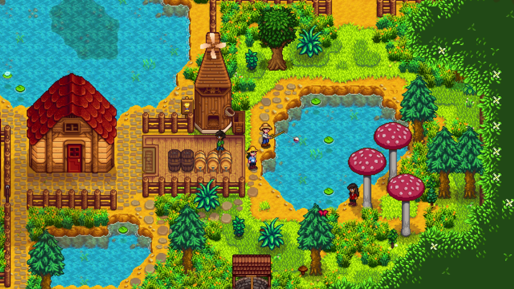 Four people fishing in Stardew Valley by a lake and mushrooms.