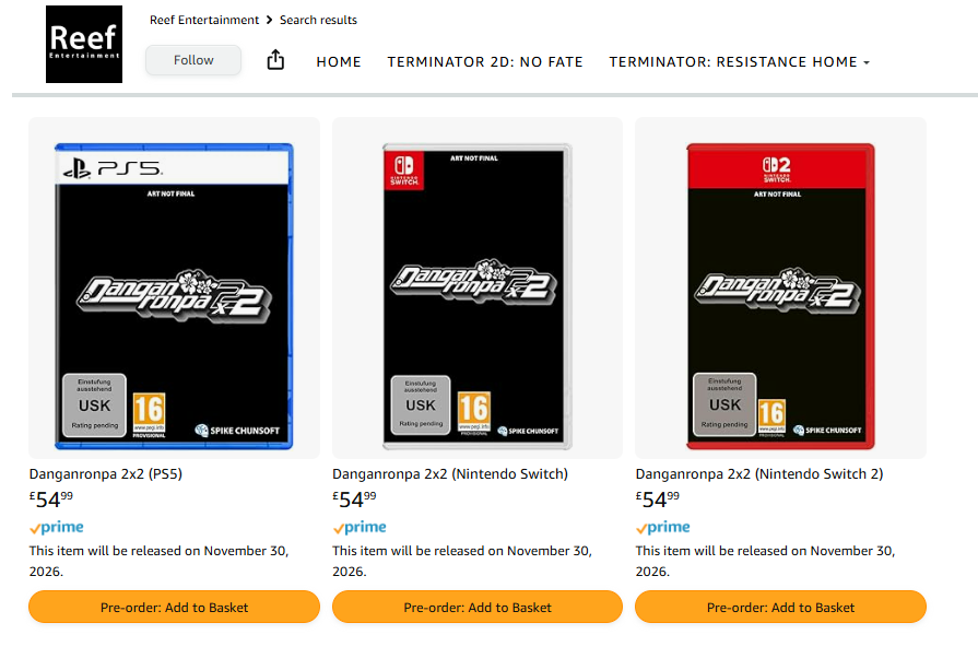 Three Danganronpa 2x2 games listed on Amazon showing pre-order dates of November 30th. The games are for PS5, Switch, and Switch 2.