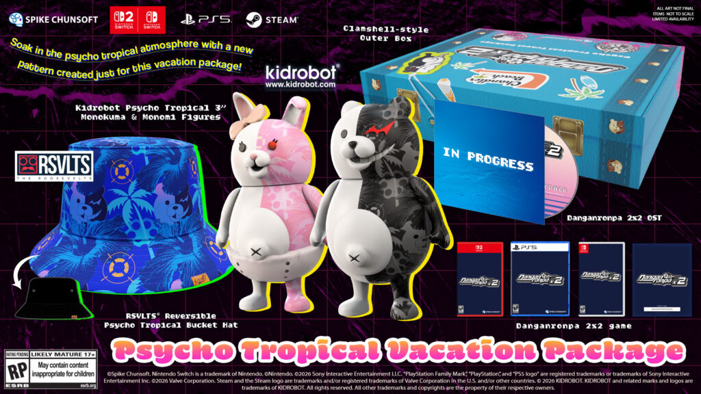 The Danganronpa 2x2 Psycho Tropical Vacation pre-order package showing figures of Monokuma and Monomi, a box, OST CD, and a bucket hat.