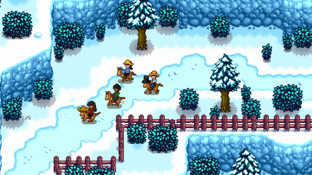 Four people riding horses through a snowy forest in Stardew Valley.