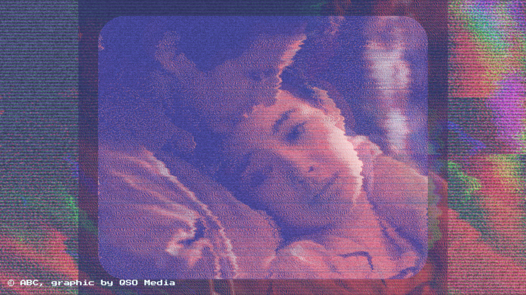 Josie Packard (Joan Chen) and Harry S. Truman (Michael Ontkean) in Twin Peaks, cuddled up together closely with Josie's head on Harry's shoulder. The image is glitched and warped like an old distorted film reel.
