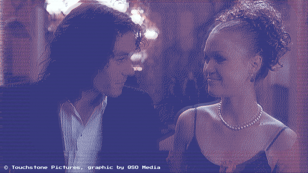 Kat Stratford (Julia Styles) and Patrick Verona (Heath Ledger) looking closely at each other before prom in 10 Things I Hate About You. They're each wearing formalwear. The image is dithered in red and blue.